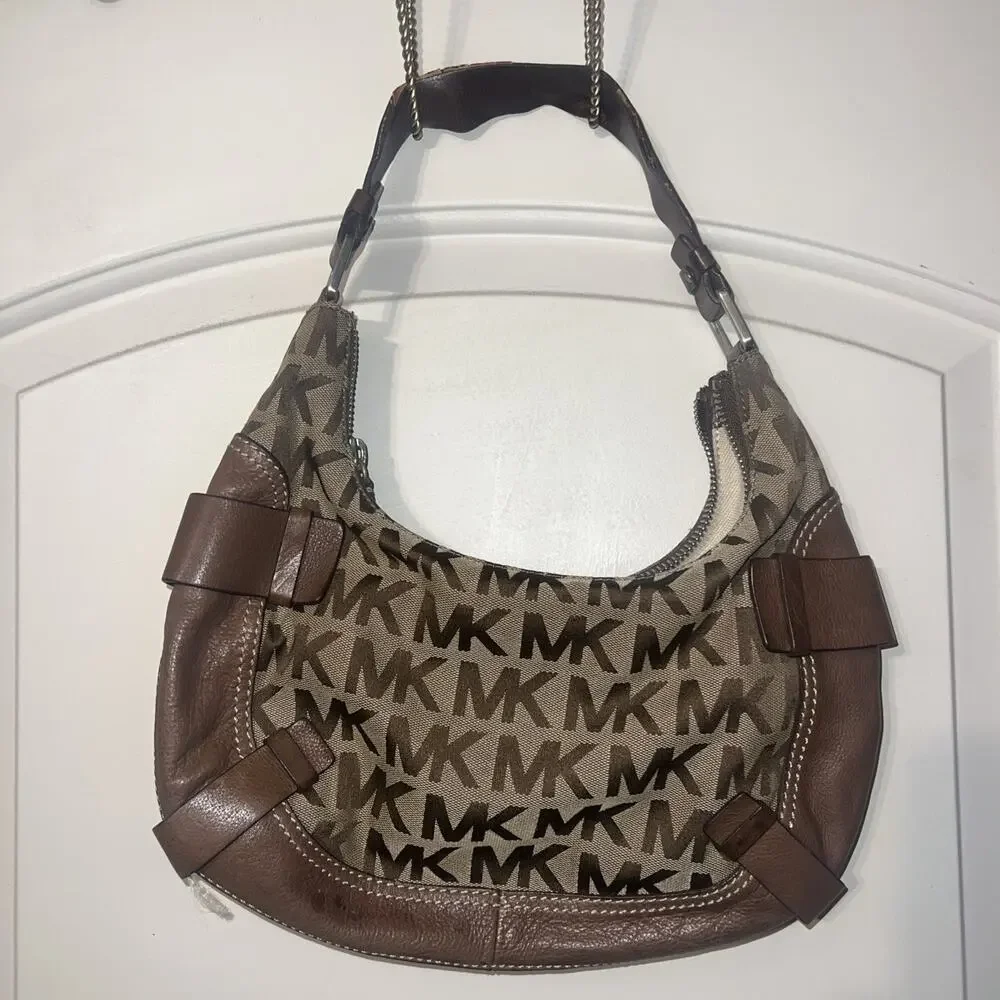 Michael Kors Vintage Khaki Signature Jacquard Hobo Cognac Leather Shoulder Bag